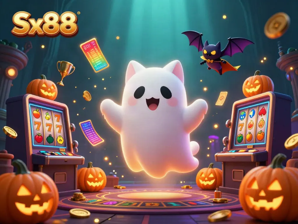 Sx88 brings luck in a haunted casino with slot reels, a friendly ghost cat, and a vampire bat