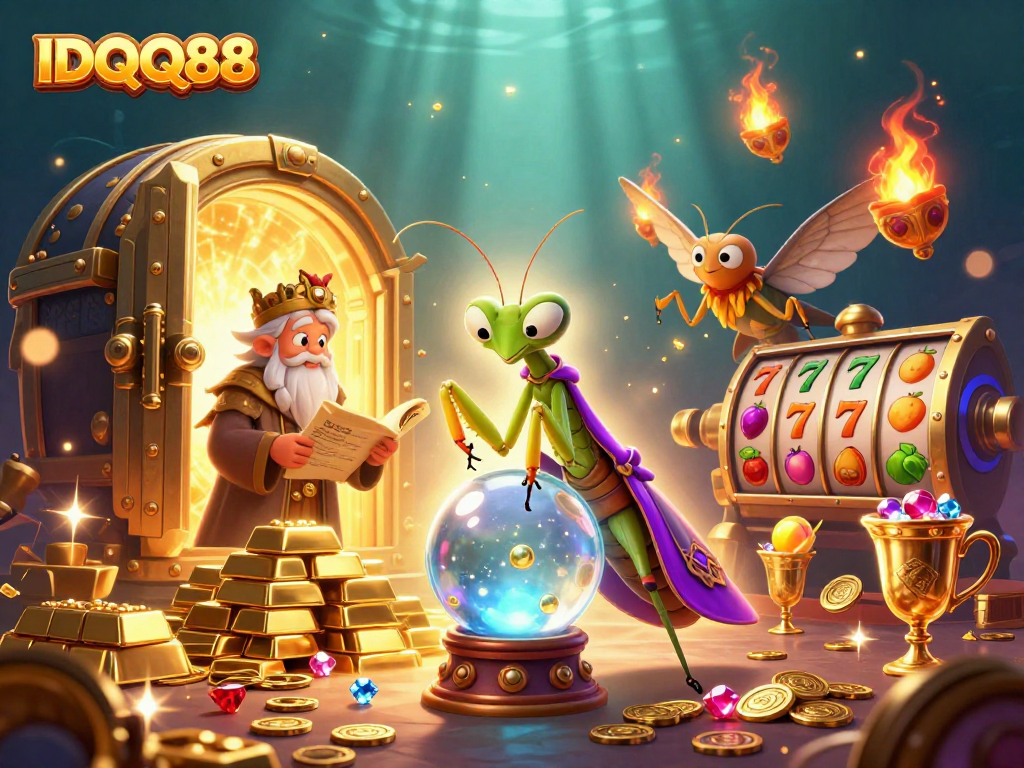 Experience IDQQ88 with 3D fortune teller, rich casino elements, and vibrant gems in a mystical scene.