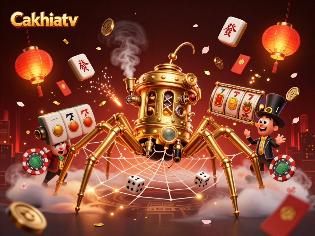 Cakhiatv showcases a thrilling 3D steampunk casino illustration with a spider webbing golden chains and poker chips.
