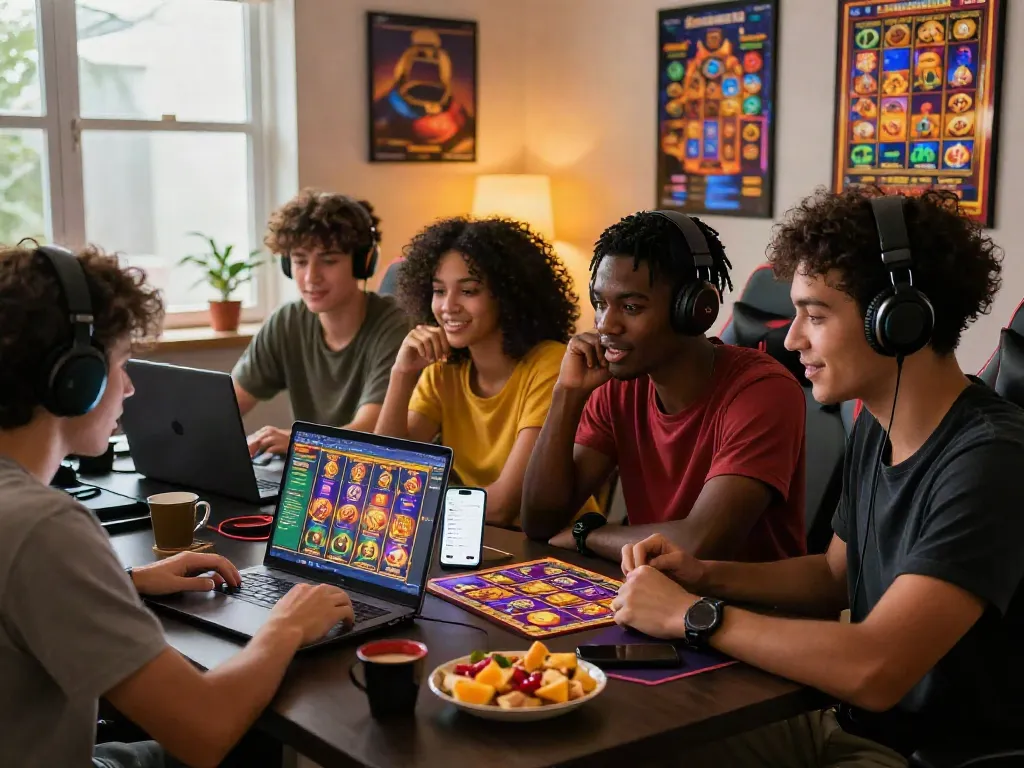Friends enjoying an exciting slot gacor hari ini gaming night with vibrant snacks and themed graphics, showing engagement and camaraderie.