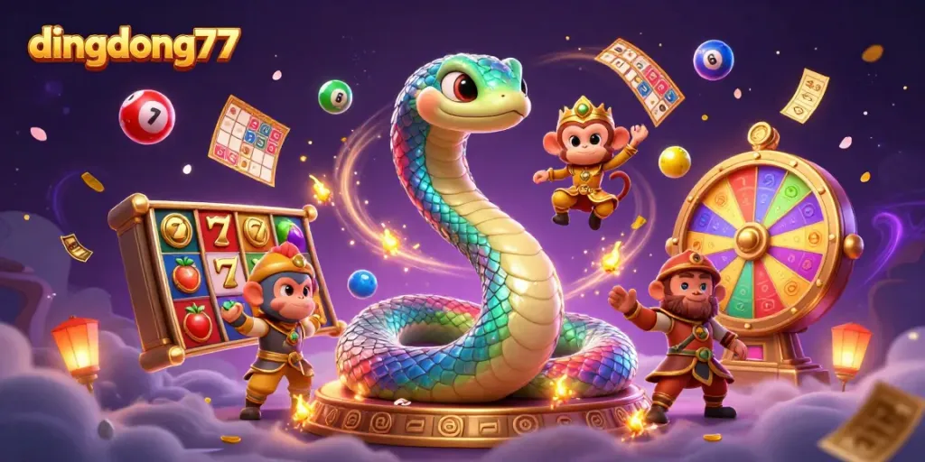 Engage with dingdong77's vibrant slots scene featuring a colorful rainbow serpent, jackpot symbols and magic.