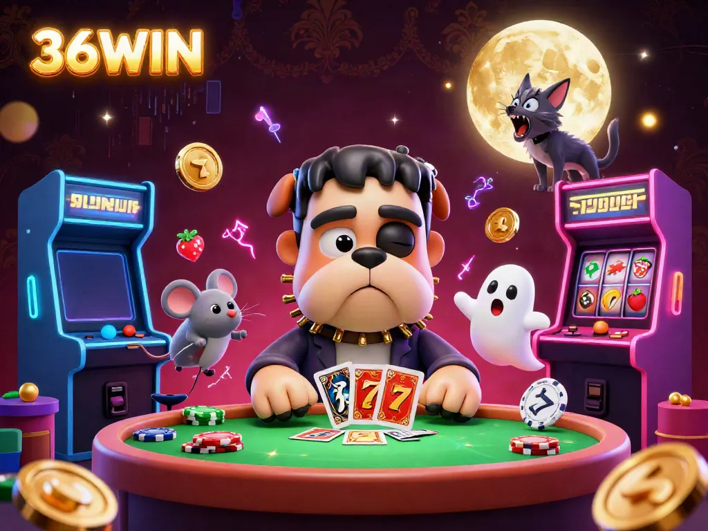 Experience thrilling card games at 36WIN casino with vibrant characters and slot elements around a spooky table.