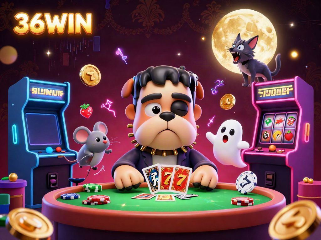 Experience thrilling card games at 36WIN casino with vibrant characters and slot elements around a spooky table.