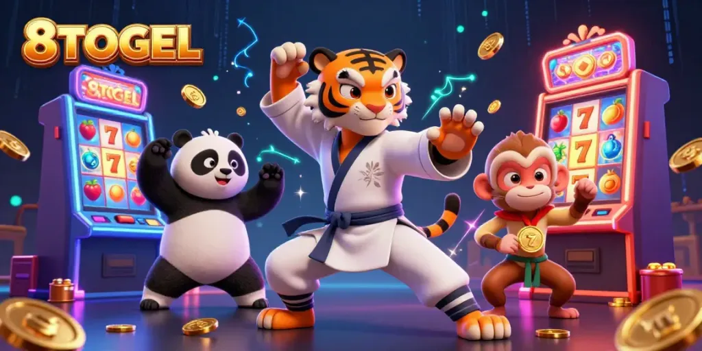 Gambar ilustrasi 3D menarik dari 8TOGEL dengan karakter perjudian slot yang energik.