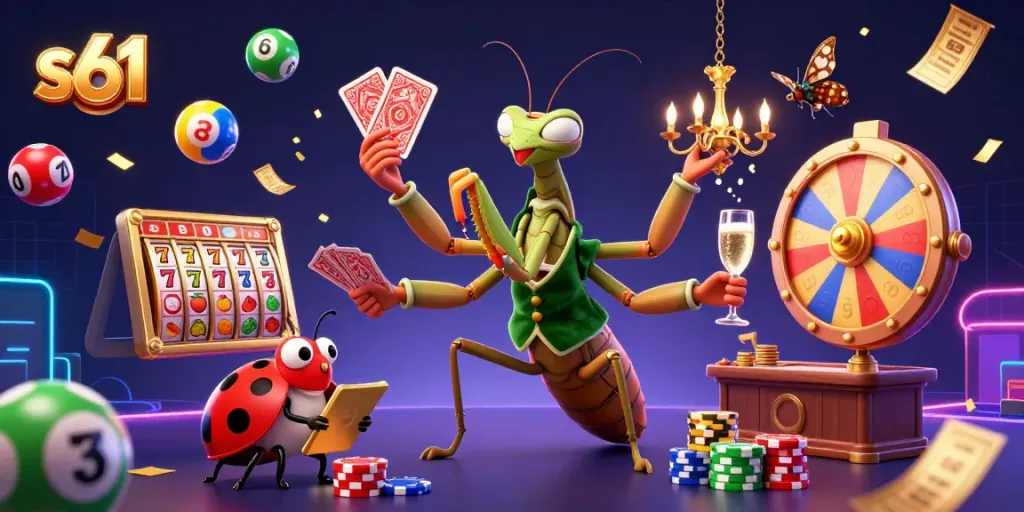S61 showcases a vibrant gaming scene featuring a giant praying mantis and a ladybug pit boss amidst explosive casino elements.
