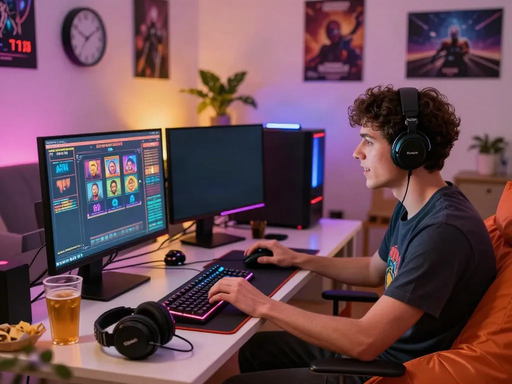 A passionate gamer engaged with akunjp slot game on a vibrant gaming setup.