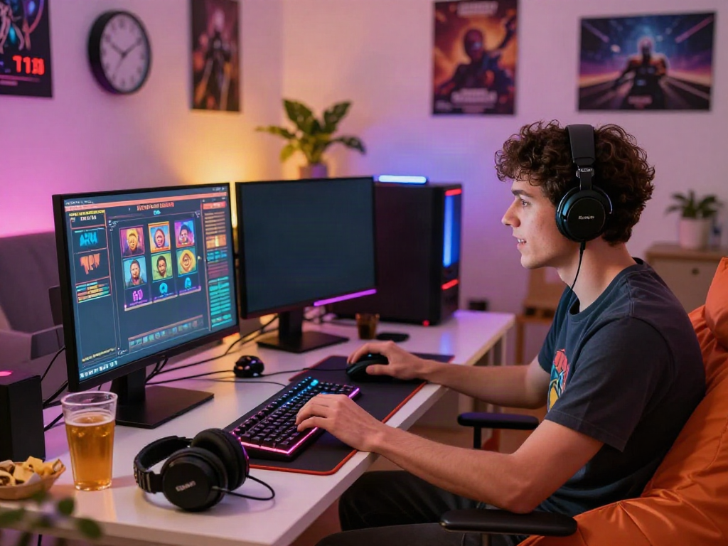 A passionate gamer engaged with akunjp slot game on a vibrant gaming setup.