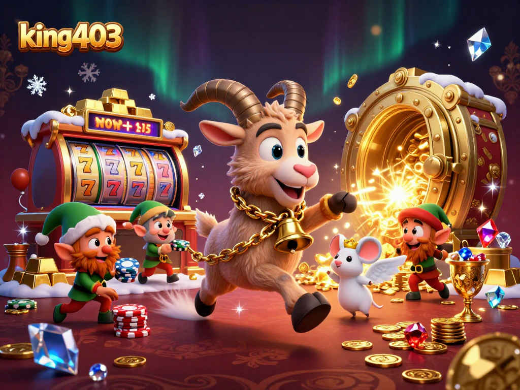 king403 invites players to a lively casino scene with Krampus and holiday characters spinning slots and stealing chips