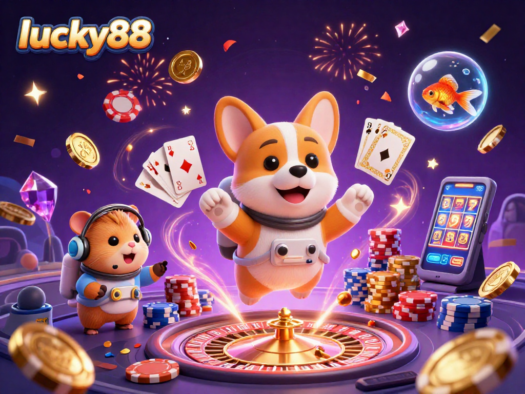 Experience the excitement of lucky88 with a vibrant casino scene featuring astronauts and playful elements.