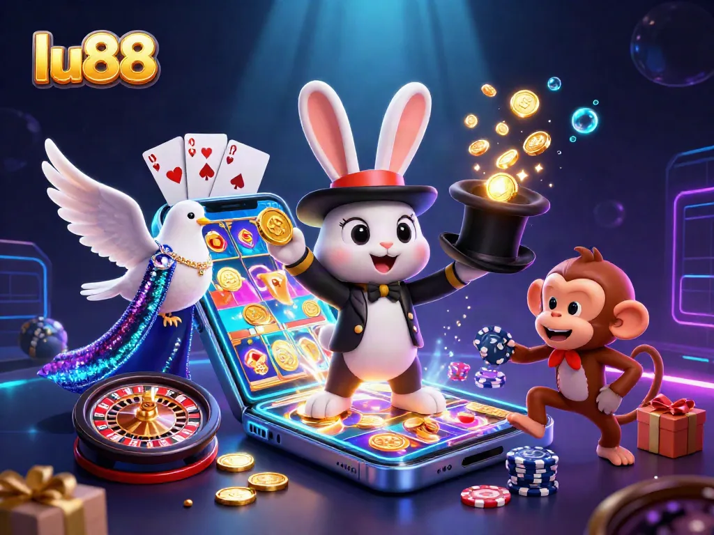 Experience thrilling gaming at lu88 with a magician rabbit pulling coins and vibrant casino elements.