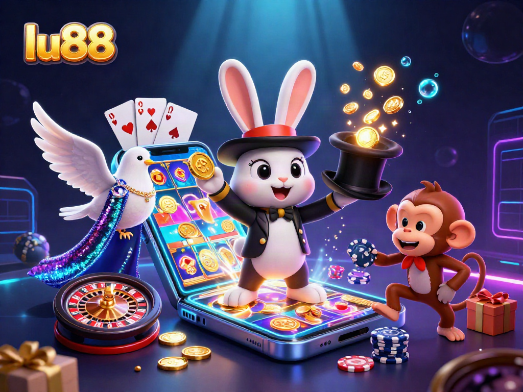 Experience thrilling gaming at lu88 with a magician rabbit pulling coins and vibrant casino elements.