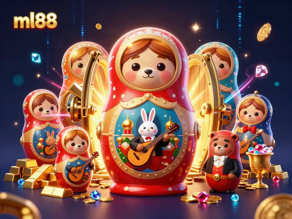 Play exciting games at ml88 with a vibrant scene featuring casino-themed characters and golden treasures.
