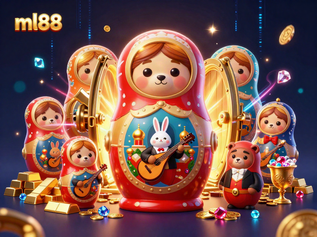 Play exciting games at ml88 with a vibrant scene featuring casino-themed characters and golden treasures.