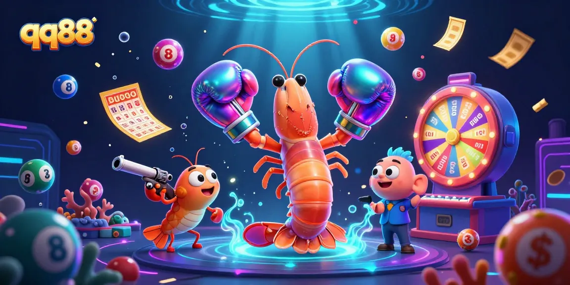 Engage in thrilling casino action with qq88, featuring vivid lottery elements and energetic characters in a colorful setting.