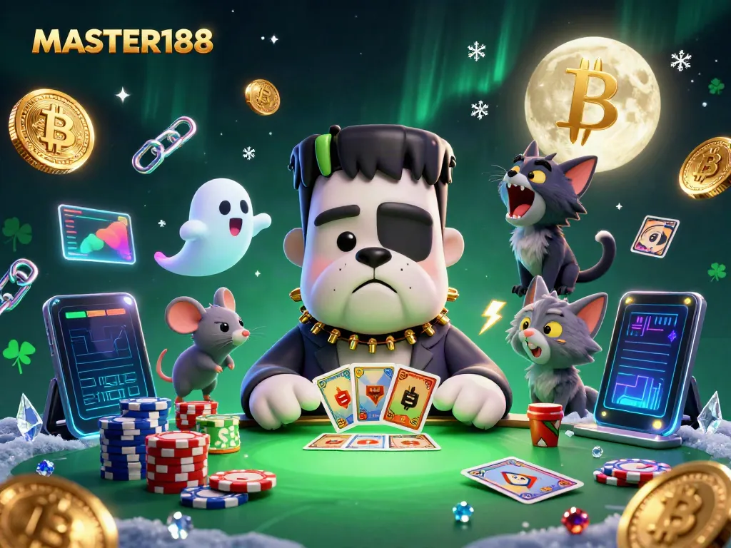 Engage with exciting gaming at MASTER188 with vibrant characters and crypto-themed elements in a rich casino scene.
