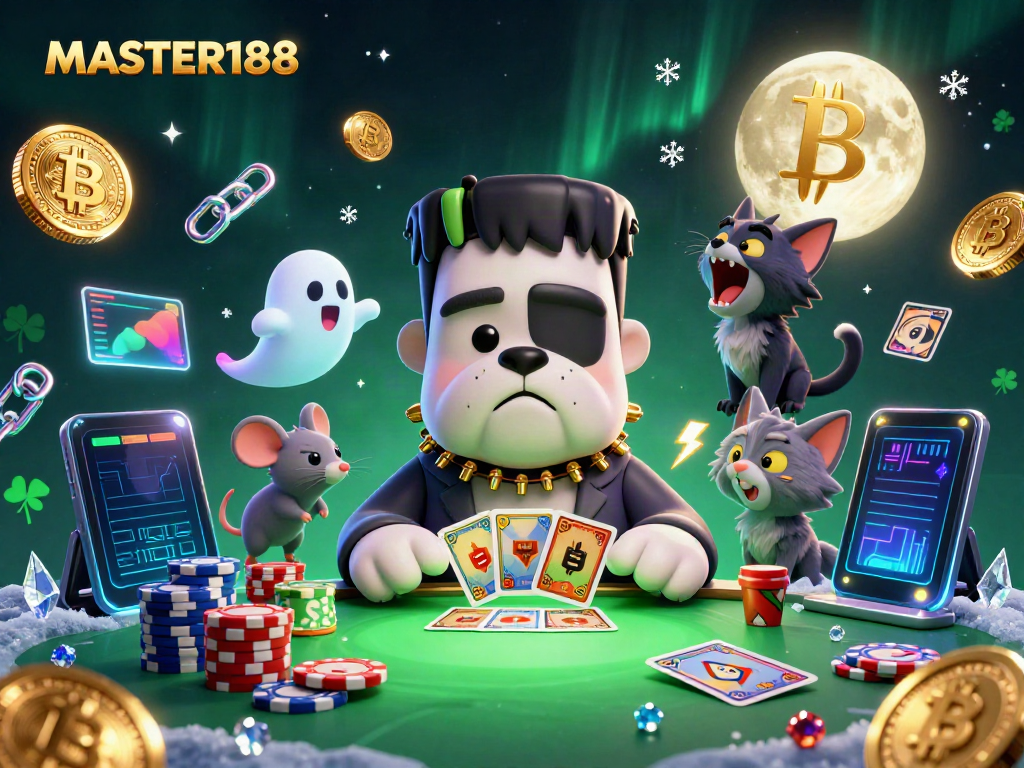 Engage with exciting gaming at MASTER188 with vibrant characters and crypto-themed elements in a rich casino scene.