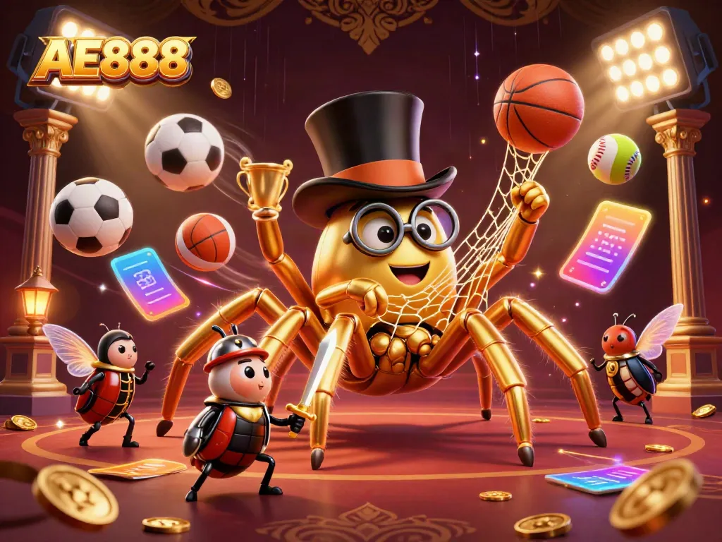 Experience the excitement of AE888 with a tantalizing casino adventure featuring a golden tarantula and sports elements.