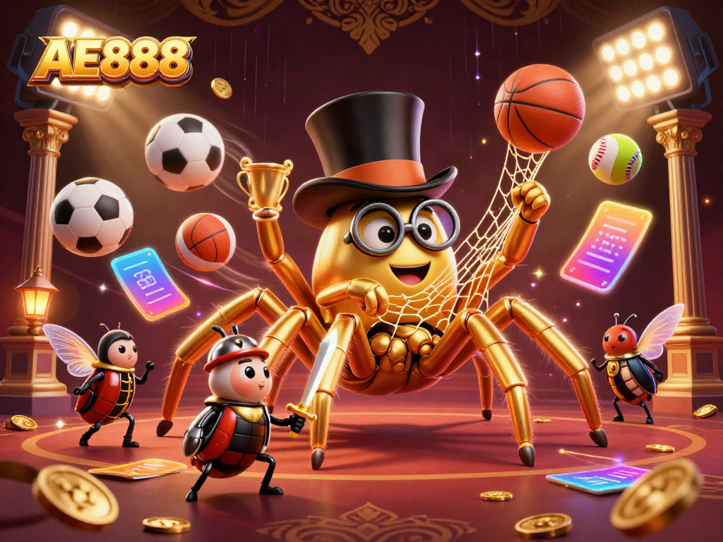 Experience the excitement of AE888 with a tantalizing casino adventure featuring a golden tarantula and sports elements.
