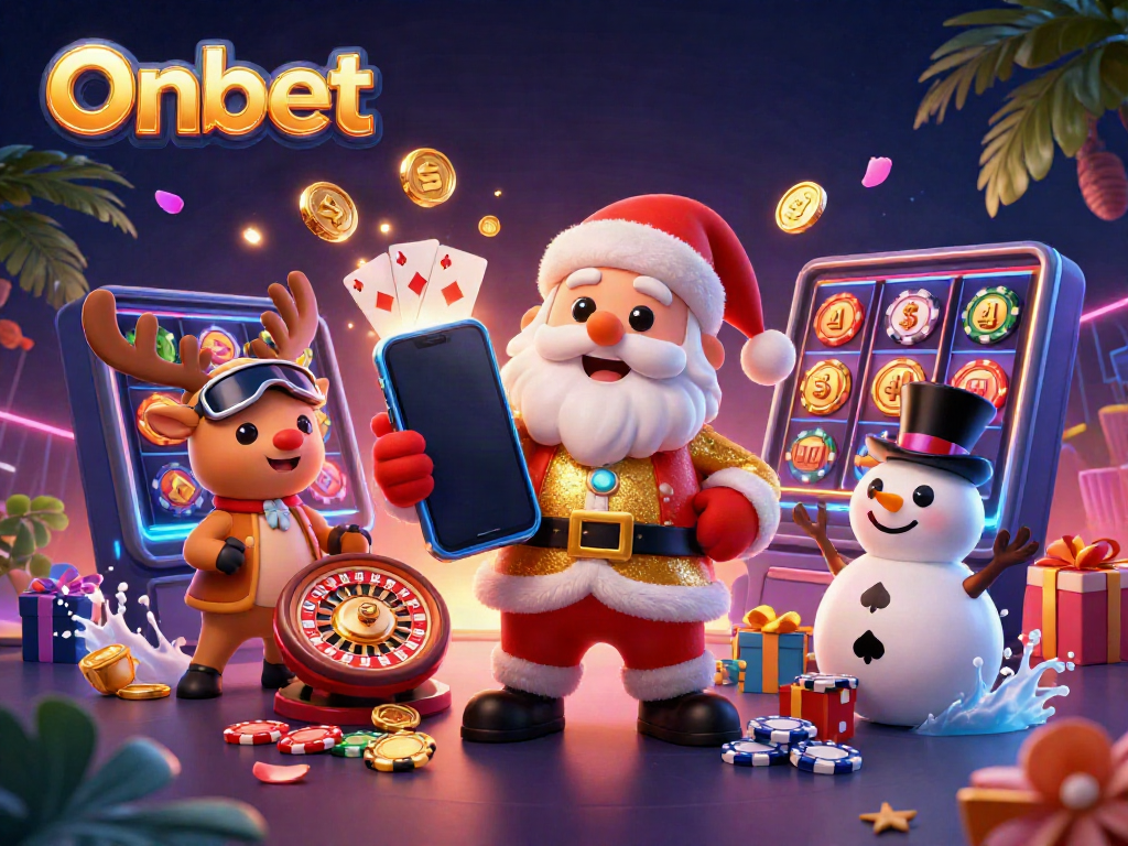Experience fun at Onbet's vibrant casino with Santa, his reindeer, and a snowman amidst slot games and festive decorations.
