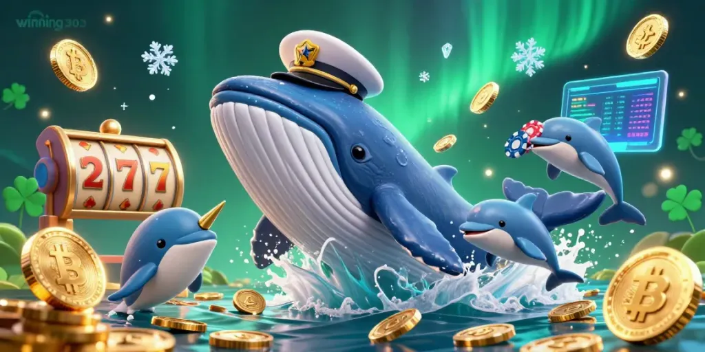 Experience winning303's exciting gameplay with dolphins, whales, and poker chips in a vibrant casino scene.