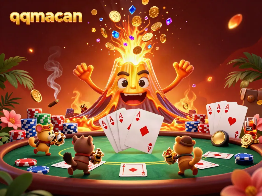 Engage with qqmacan's vibrant casino world, where a golden volcano erupts coins and treasure as explorer animals make a getaway.