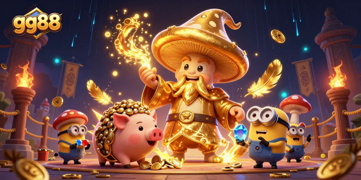 Engage with the magical gg88 world featuring a golden mushroom wizard, treasure-hunting pig, and vibrant game elements.