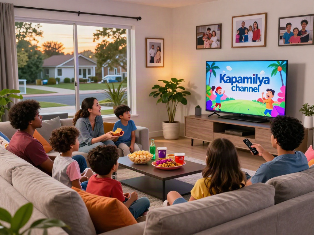 kapamilyachannel.com family enjoying television in a cozy living room with vibrant snacks and joyful reactions