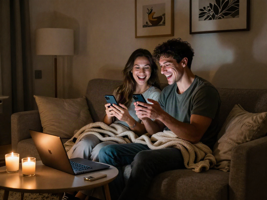 Sexting AI in a cozy home environment, couple joyfully engaging in digital conversation.