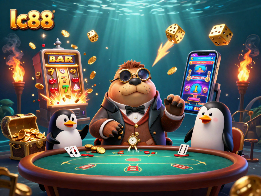 Join the lc88 online adventure with a jolly walrus, sophisticated dealer, and a bluffing pufferfish in a vibrant casino scene.