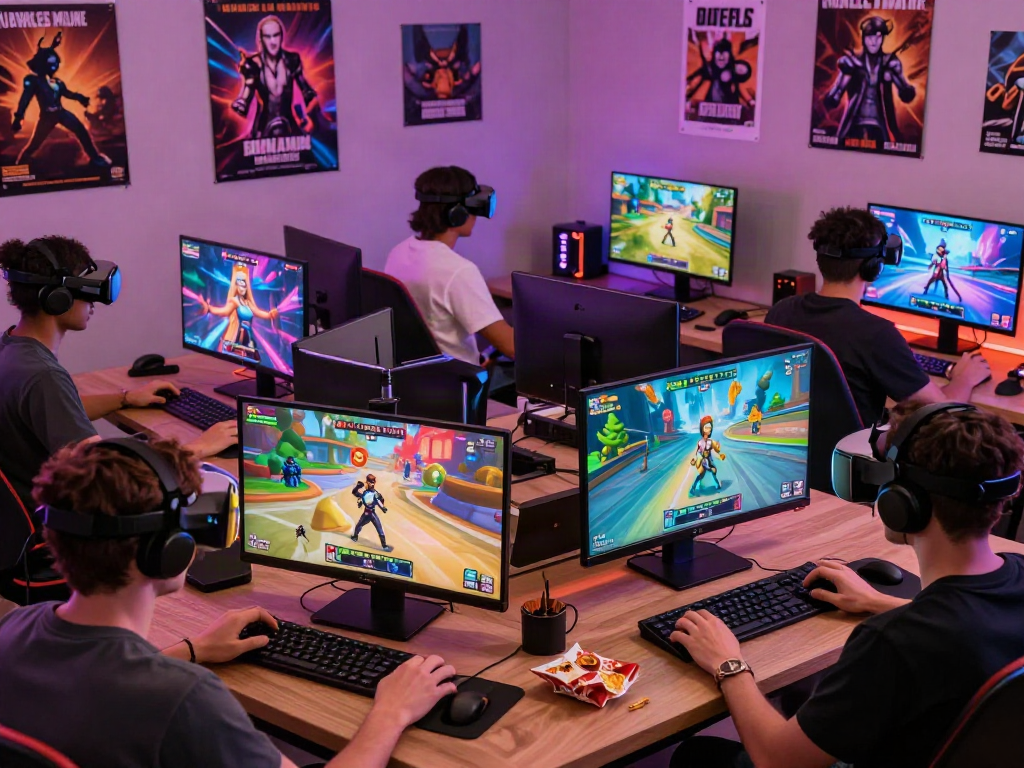 Engaged players enjoying immersive porn game experience in a vibrant gaming room