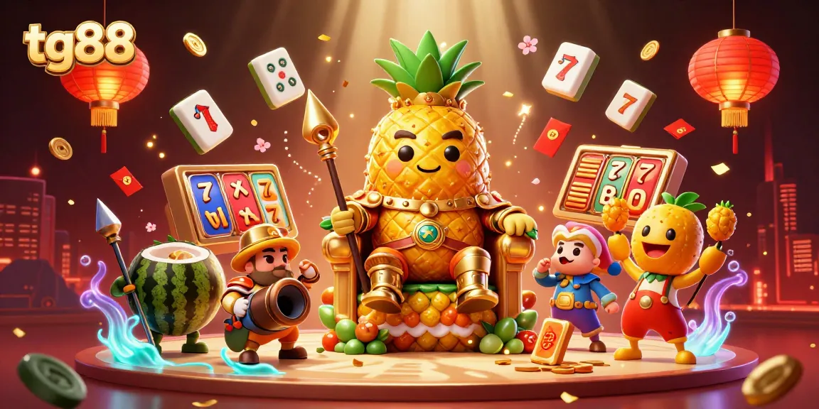Experience tg88's vibrant beach casino with golden pineapple king and exciting slot elements.