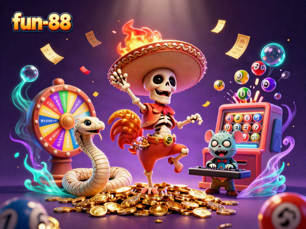 Engage with fun-88 in a colorful 3D illustration of a winning casino scene filled with excitement and dynamic energy.