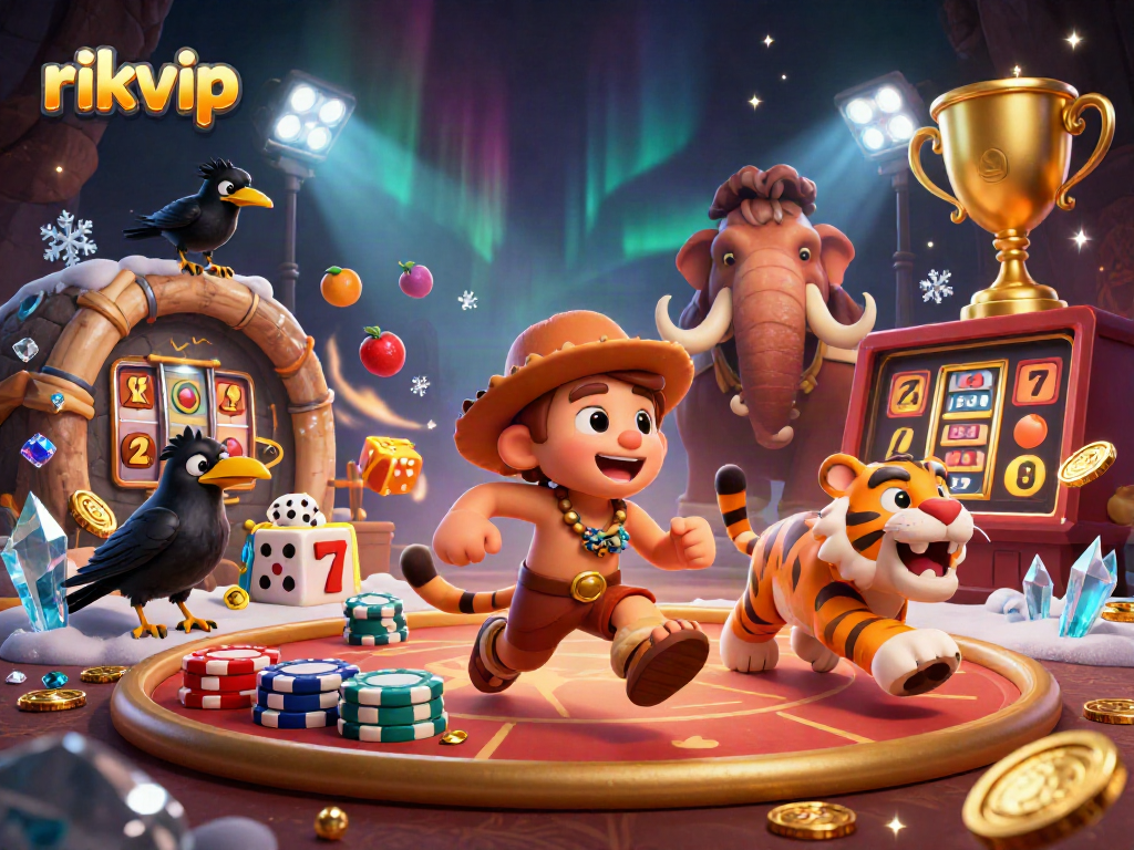 Join the prehistoric fun at rikvip, where a caveman, tiger, and crow animate a lively casino scene!