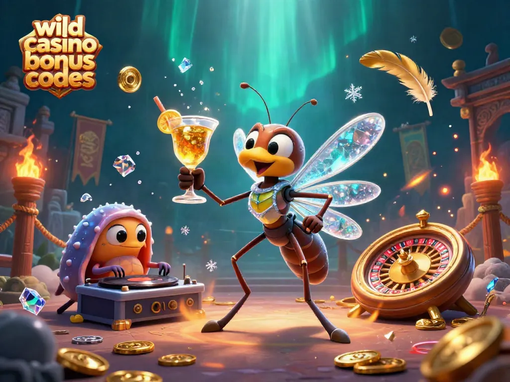 Explore wild casino bonus codes in a vibrant 3D illustration featuring a casino mascot and DJ.
