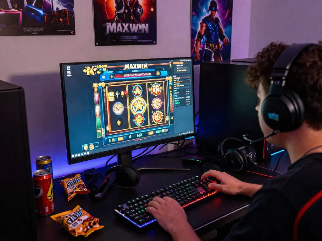 Player engaged in slot maxwin online gaming, surrounded by vibrant graphics and gaming accessories.