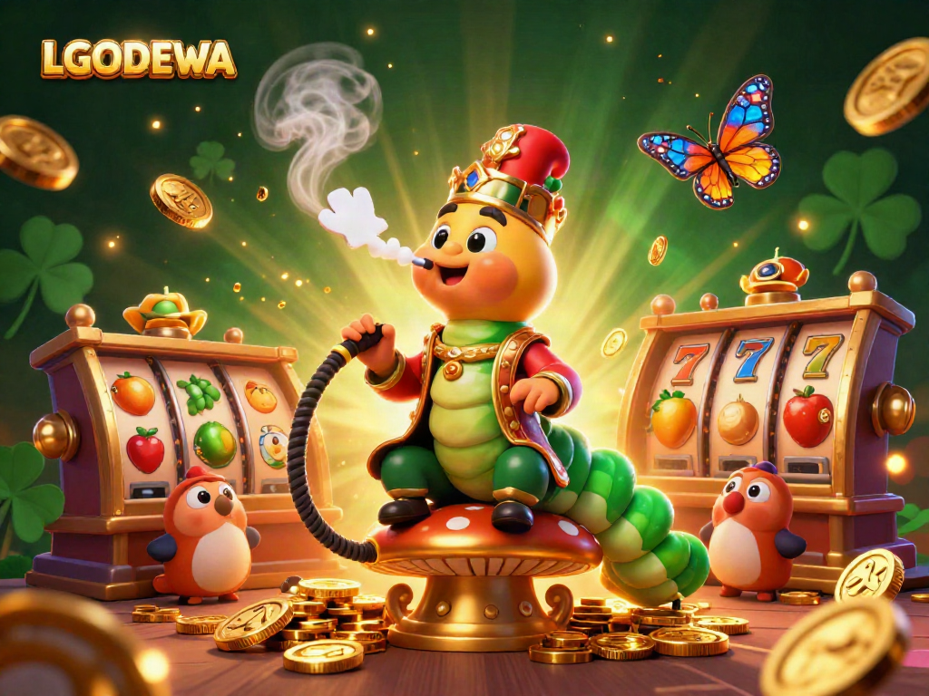 Experience the joy of gaming with LGODEWA in this vibrant 3D illustration featuring a whimsical caterpillar master.