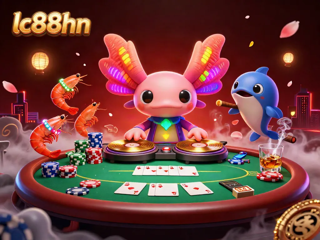 Experience exhilarating gameplay at lc88hn with a vibrant neon axolotl DJ hosting a poker party.