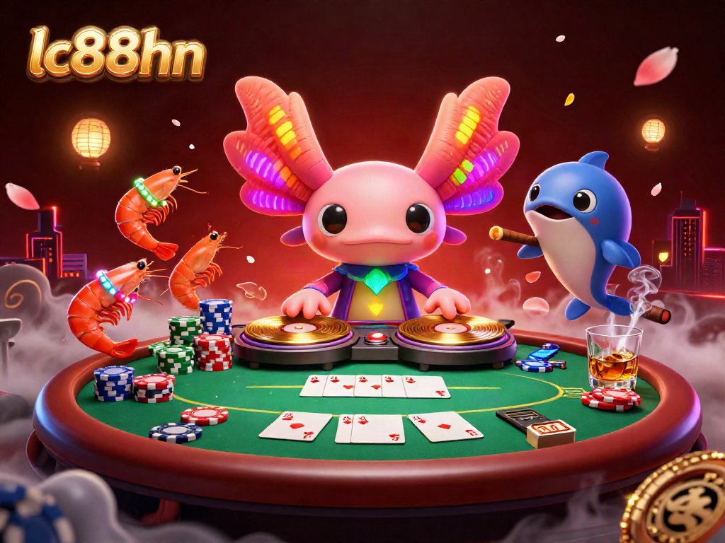 Experience exhilarating gameplay at lc88hn with a vibrant neon axolotl DJ hosting a poker party.