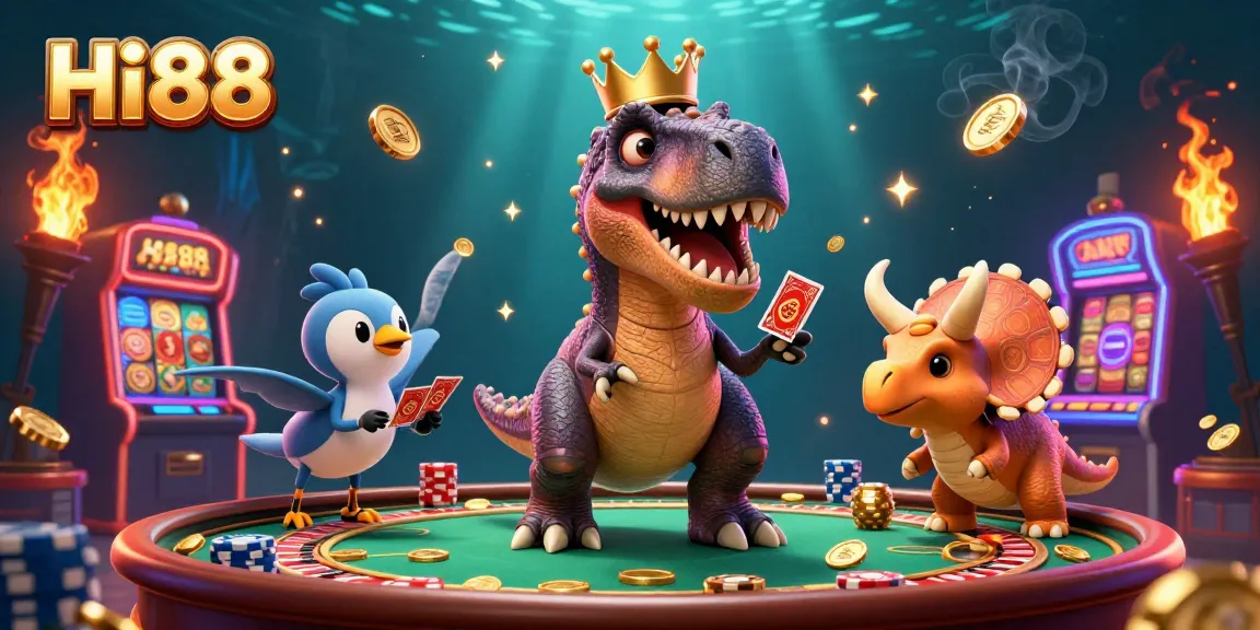 Hi88 engages players with a T-Rex and friends in a lively casino scene filled with vibrant game elements.