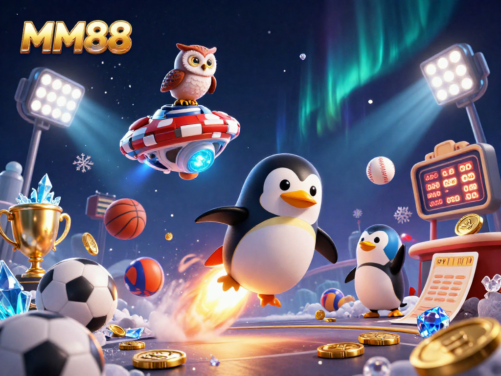 Experience MM88 with a golden penguin and casino elements blasting through space.