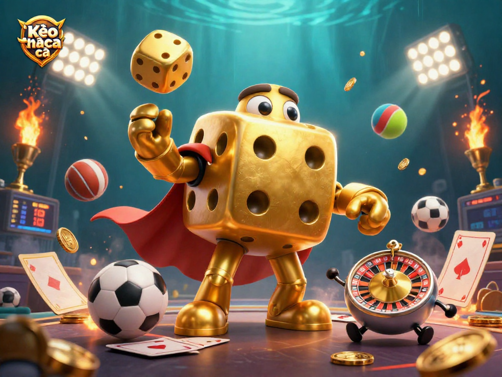 Engage in Kèo nhà cái betting with golden dice and vibrant sports elements in dynamic 3D illustration.