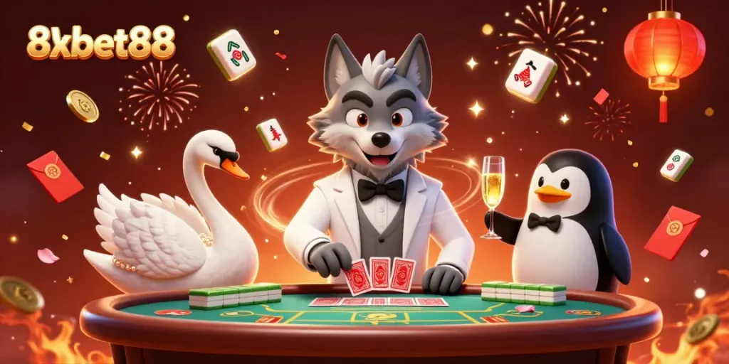 Experience epic gameplay at 8xbet88 with our colorful online casino illustration featuring playful characters.