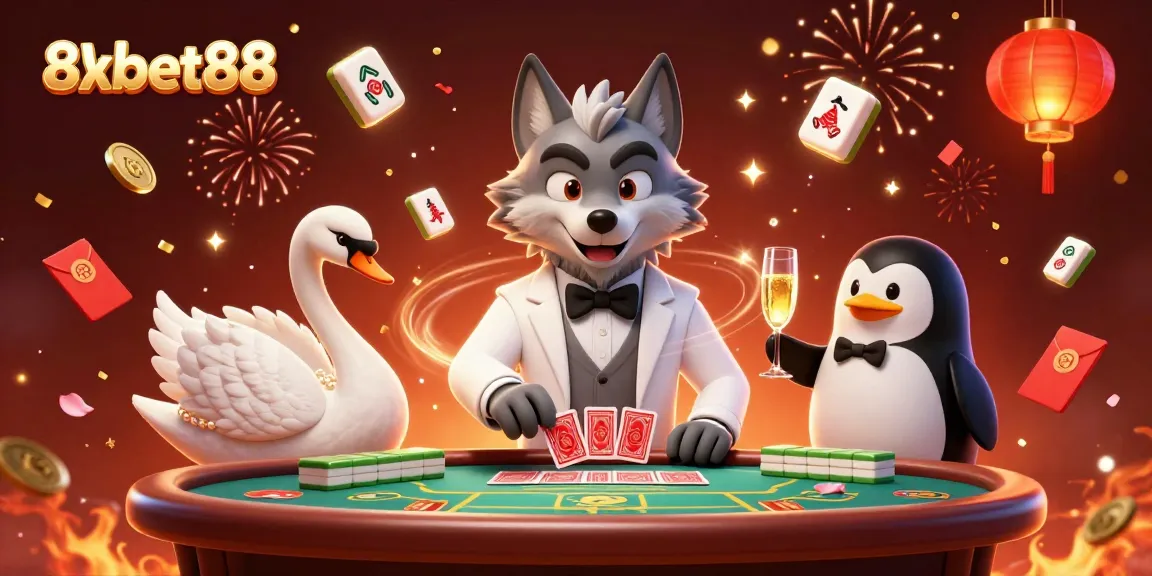 Experience epic gameplay at 8xbet88 with our colorful online casino illustration featuring playful characters.