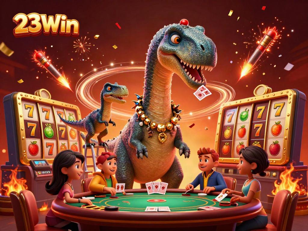 Engage in exhilarating gaming at 23Win, where a whimsical 3D scene captures the thrill of slots and camaraderie.