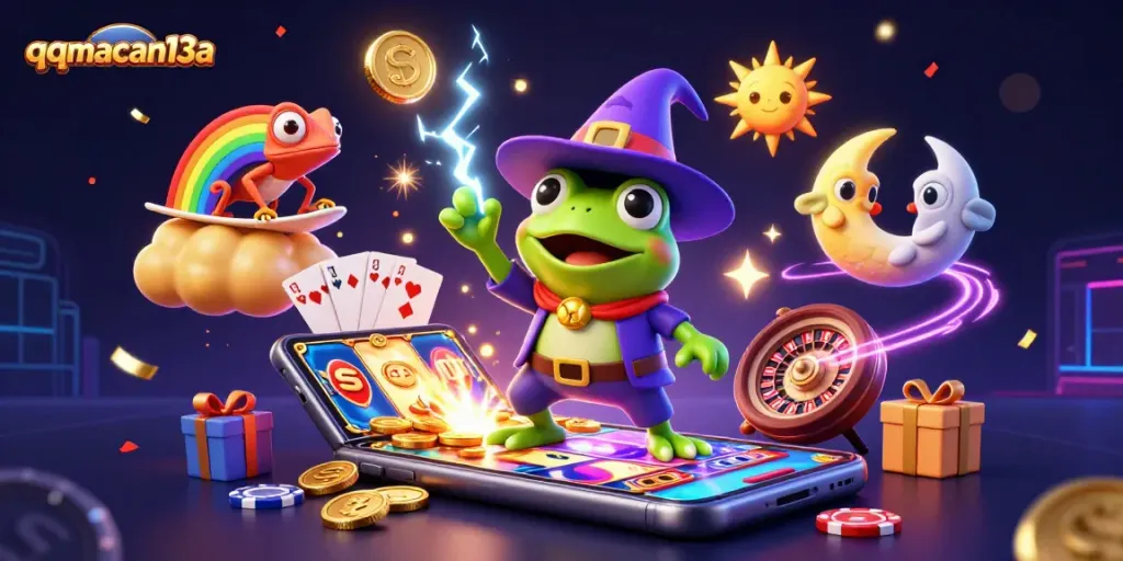 Engage with qqmacan13a as magical characters summon golden coins in a vibrant online casino illustration.