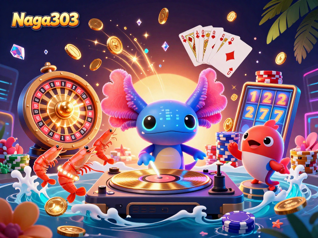 Naga303 membawa keseruan dengan DJ axolotl neon dan suasana kasino yang menggembirakan.