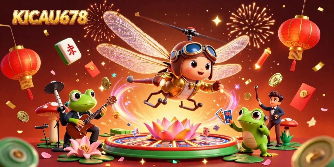 KICAU678 showcases a vibrant casino scene with a dragonfly pilot, frog dealer, and jazz-playing crickets.