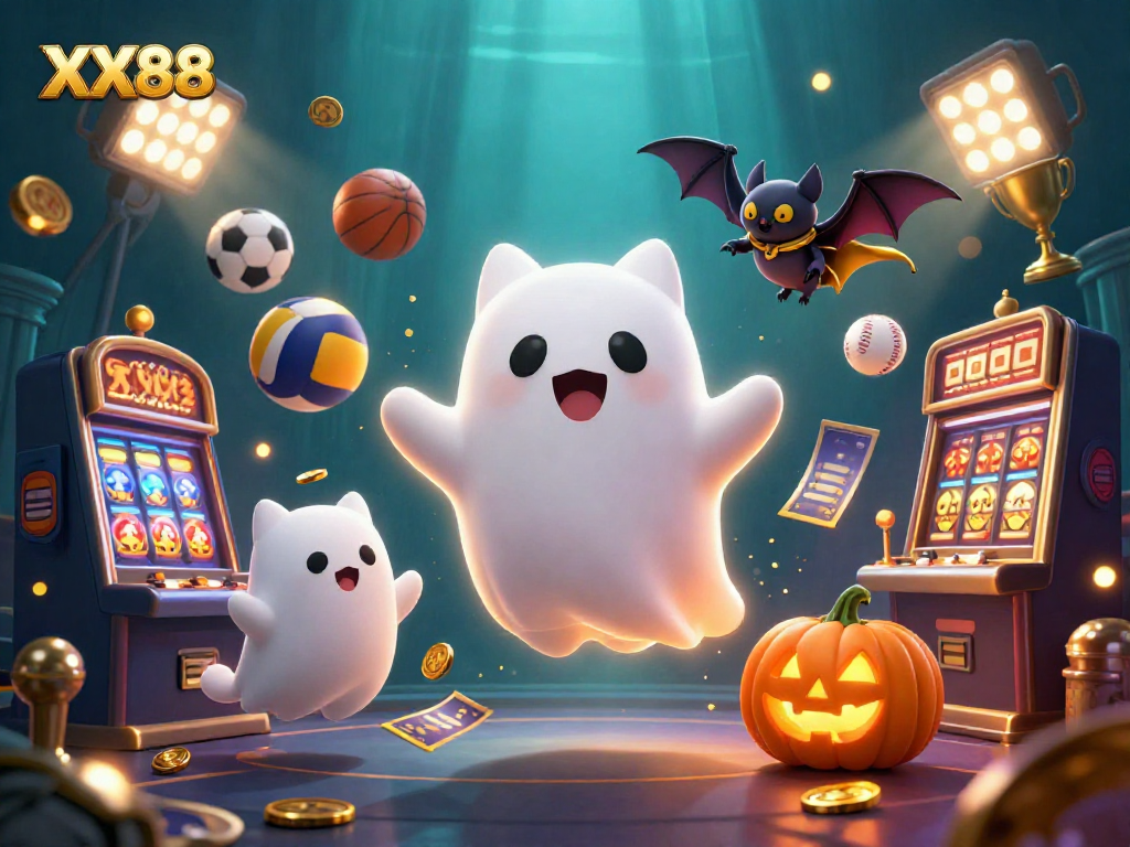 Win big at XX88 with our captivating casino scene featuring a ghost cat and golden trophies.