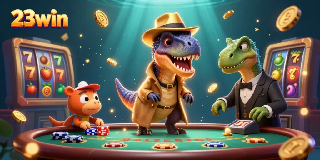 Experience thrilling gameplay with 23win at an exciting casino scene filled with vibrant 3D elements.