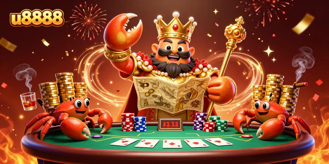 u8888 players enjoy a vibrant 3D casino scene with golden crab emperor and poker elements.